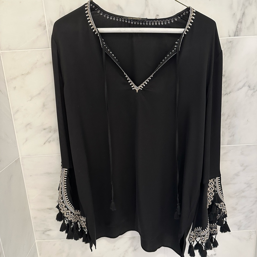 Kobi Halperin Black Long Sleeve Blouse with embroidered and tassel sleeves